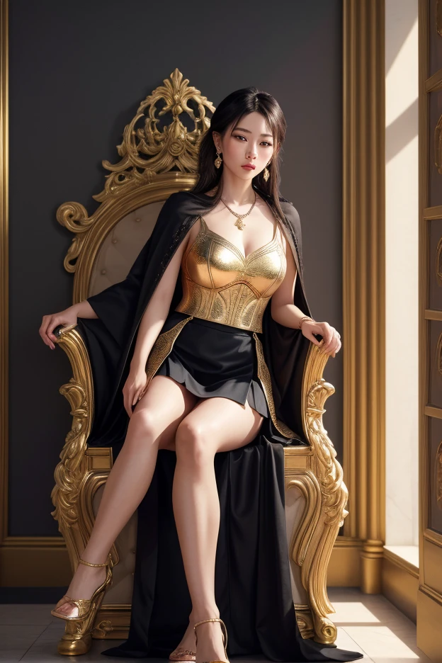 1 elegant japanese woman, beautiful detailed eyes, beautiful detailed lips, extremely detailed eyes and face, long eyelashes, intricate crown, luxurious black dress, large ornate throne, holding a fan, long black hair, voluptuous figure, photorealistic, 8K, detailed painting, dramatic lighting, cinematic composition, vibrant colors, oil painting、She is sitting on a large throne with her legs crossed,She has such big breasts that they seem to rip her clothes off、Her room is made of gold、Behind her are many soldiers who are protecting her.、She looks down on me with eyes、The throne she sits on is bigger than her and very luxurious. She has the biggest breasts in the world.、There is a lion near her、There's a knight beside her,The throne she sits on is so big、Beside the throne where she sits is a knight guarding her.