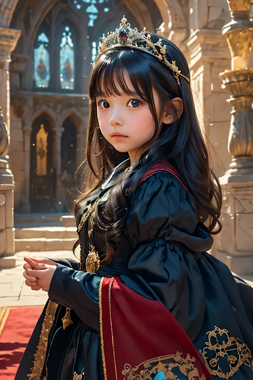 I want images of an 11 year old girl who just entered Hogwarts and was assigned to Gryffindor house. This girl has light hair, fair skin and dark blue eyes.