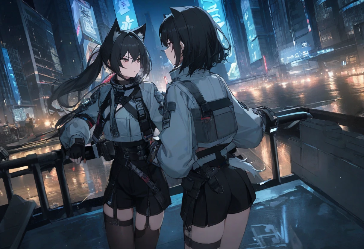 ((best qualtiy)), ((tmasterpiece)), (the detail:1.4), 3D, Two beautiful cyberpunk female figures,HDR(HighDynamicRange),Ray traching,NVIDIA RTX,Super-Resolution,Unreal 5,Subsurface scattering、PBR Texture、post-proces、Anisotropy Filtering、depth of fields、maximum definition and sharpness、Many-Layer Textures、Albedo e mapas Speculares、Surface Coloring、Accurate simulation of light-material interactions、perfectly proportions、Octane Render、Two-colored light、largeaperture、Low ISO、White balance、the rule of thirds、8K RAW、