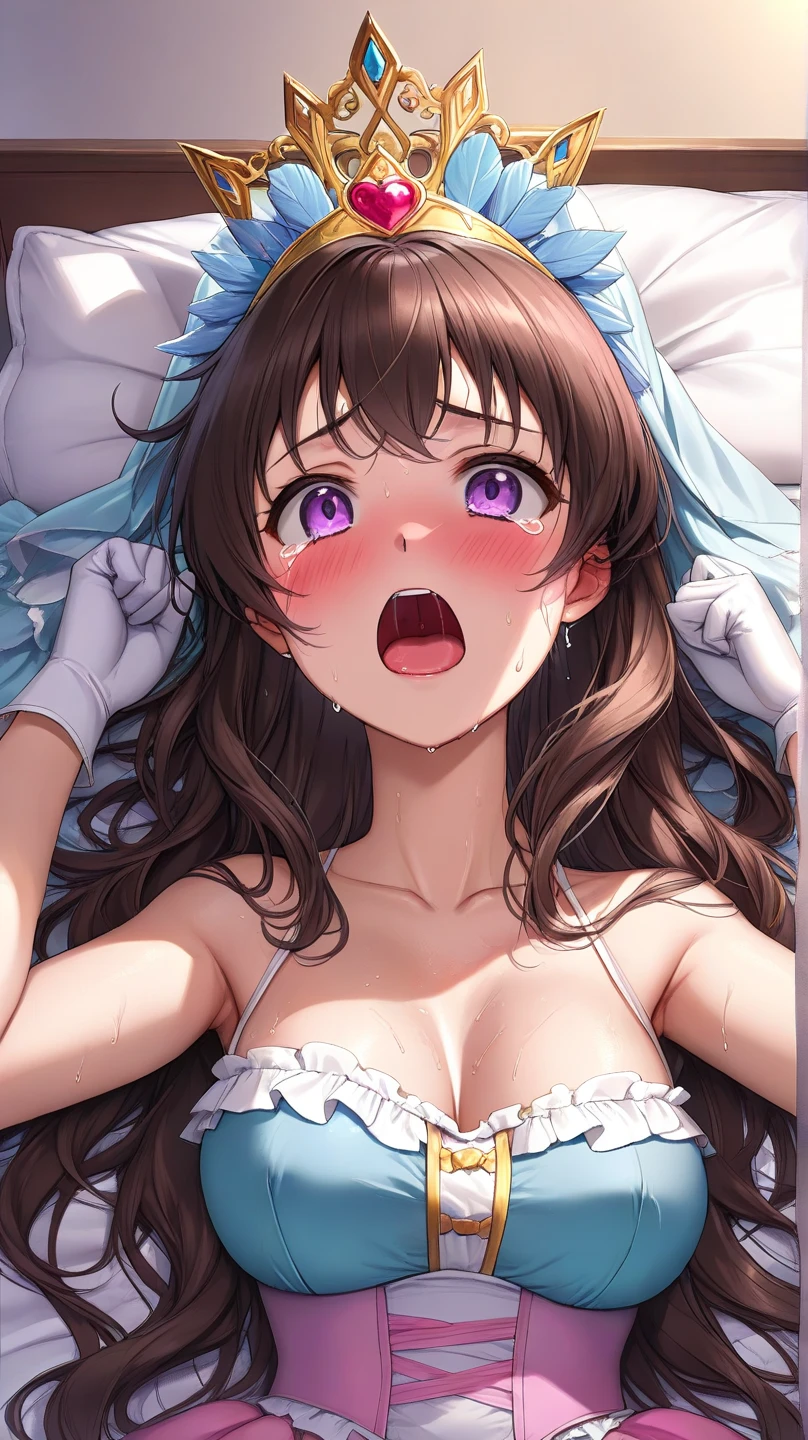 ultradetail、particles of light:0.5、yukata、beautiful cleavage、sleeping face up in bed、beautiful blue eye、half open mouth、natural texture、lace shorts、stick out tongue、dripping cloudy saliva、body wet with milk