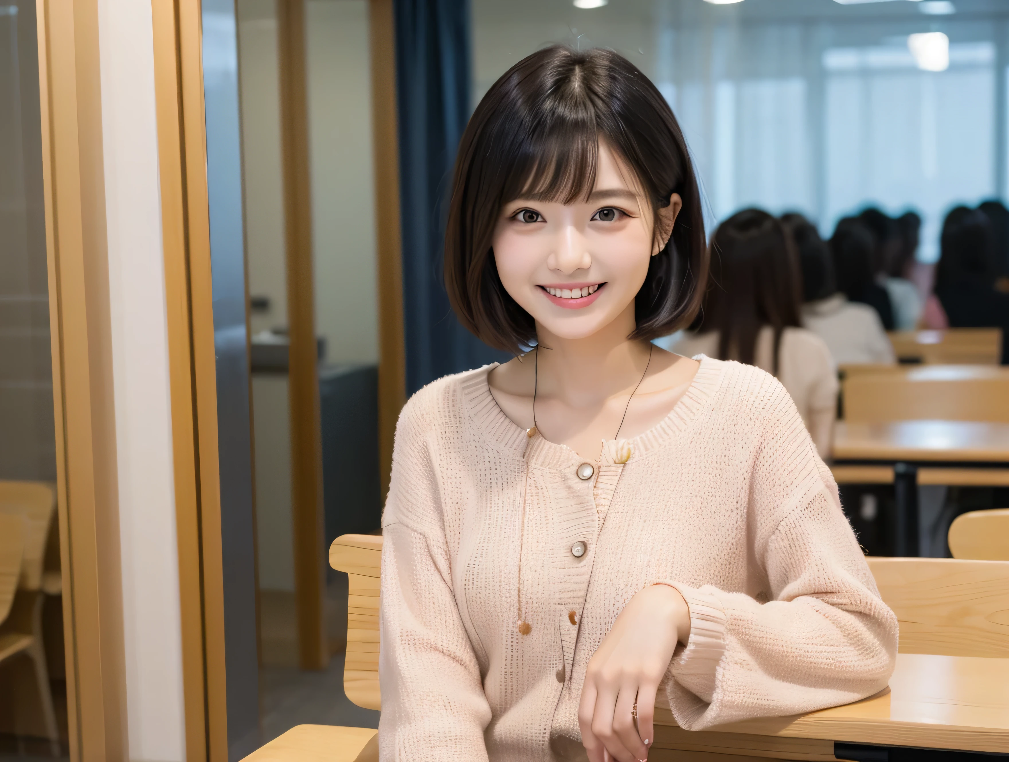 Common normal Japanese women、Fashionable clothes in bright colors、smile、Working women、business room、short cut hair、black hair、