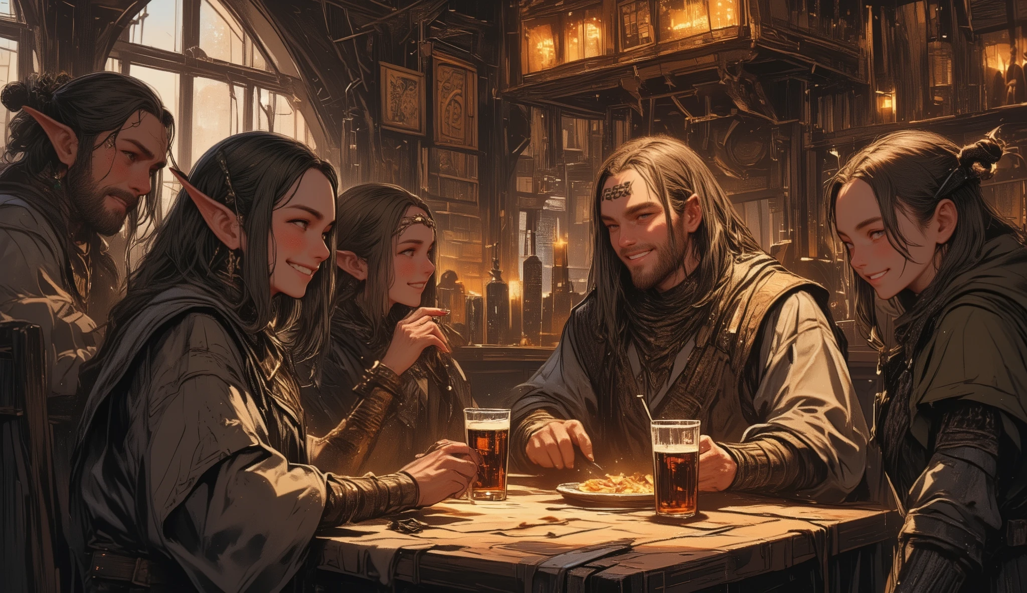 adventurer、Different world、fantasy、eating with friends、A bar where Celtic music seems to be playing、male human name、orc female name、elf male name、dwarf female name、Lively、Looks like a fun atmosphere、smile