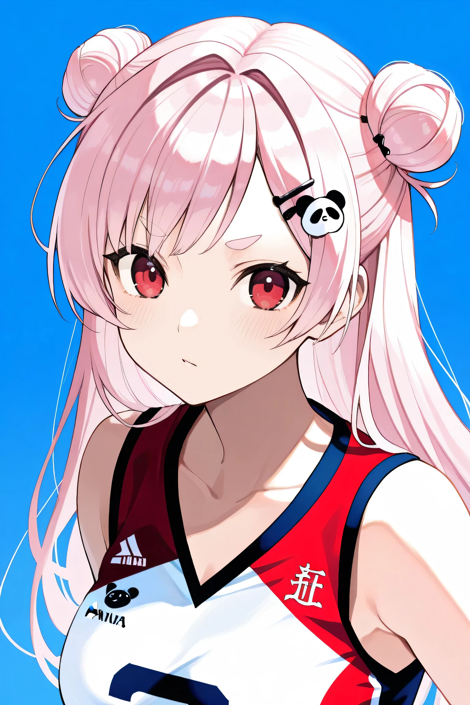 masterpiece, best quality, high resolution, Alone, 1 woman, light pink hair, small bun hair, half twin, long hair, Align your bangs, cut, thin oval eyebrows, panda face design hairpin, Red Eyes, volleyball uniform, Karasuno ,