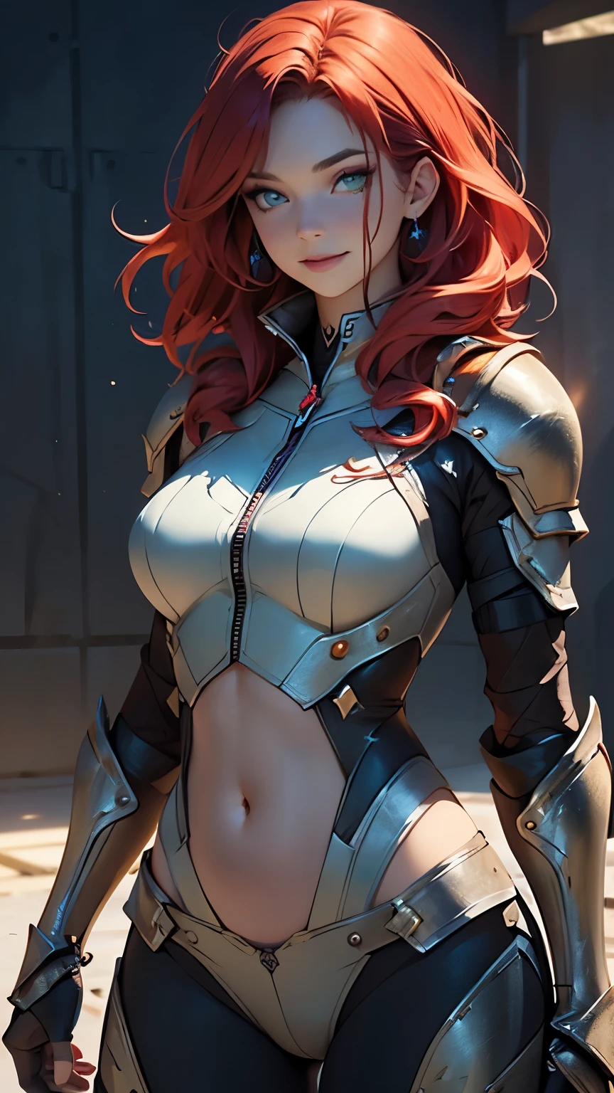 female character with a big butt, fiery hair, red eyes, defined waist, thick thighs, and provocative clothing
