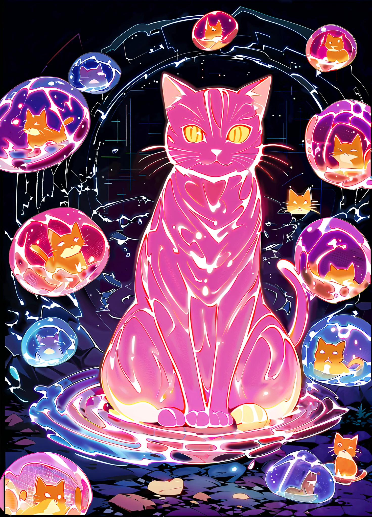 masterpiece,high quality DVD,cat,cat cat,fluorescence,(cat made of water),Fluid Water,fluorescence,animal,Translucent,Wireframe hologram,Glowing Lines, bioluminescence ,Ecological characteristics,visually beautiful,dark background,Species outlines and features,Translucent, futuristic aesthetics ,Digital holographic style,Lines woven into pattern, Modern technology style,Made of water, Magical Water, Dry Hair, water magic circle, water vapor, rock ,Small ears,
