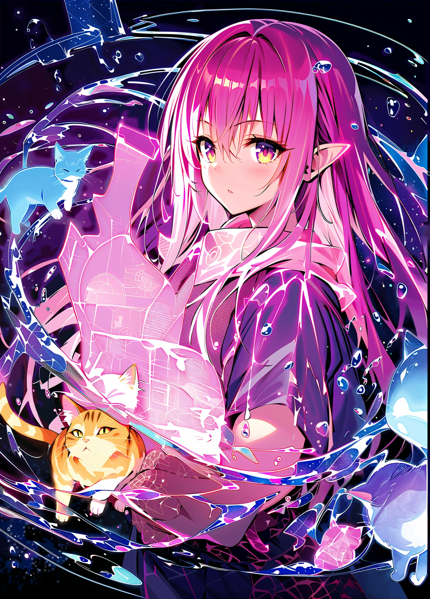 masterpiece,high quality DVD,cat,cat cat,fluorescence,(cat made of water),Fluid Water,fluorescence,animal,Translucent,Wireframe hologram,Glowing Lines, bioluminescence ,Ecological characteristics,visually beautiful,dark background,Species outlines and features,Translucent, futuristic aesthetics ,Digital holographic style,Lines woven into pattern, Modern technology style,Made of water, Magical Water, Dry Hair, water magic circle, water vapor, rock ,Small ears,