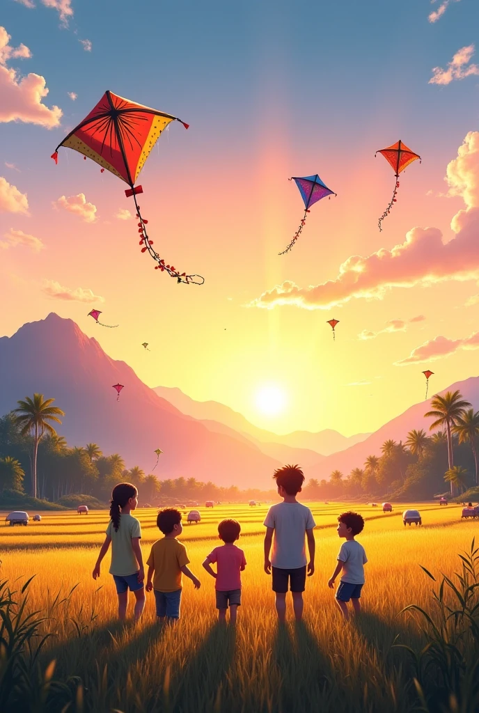 It's a bad night with your friends flying kites by the river, in the distance is farmers harvesting rice, the sun just set on the mountain, the view is so poetic