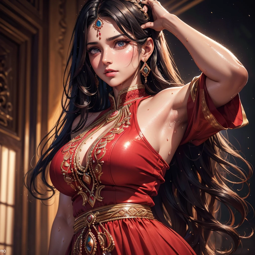 Amazing portrait of a sexy woman with a beautiful face dazzling in a stunning red saree