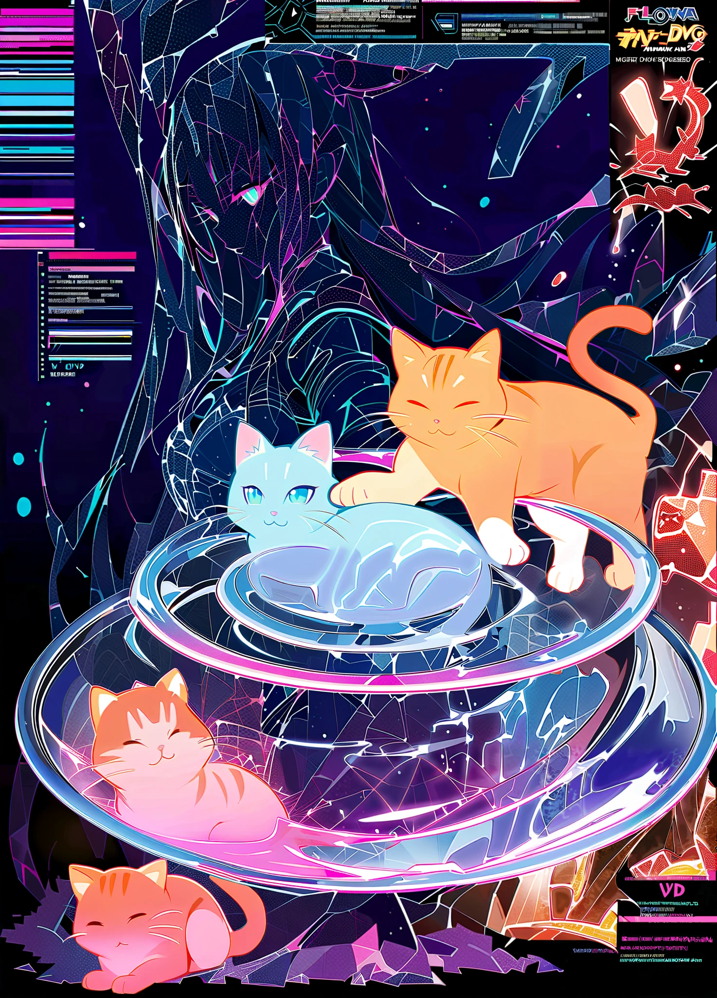 masterpiece,high quality DVD,cat,cat cat,fluorescence,(cat made of water),Fluid Water,fluorescence,animal,Translucent,Wireframe hologram,Glowing Lines, bioluminescence ,Ecological characteristics,visually beautiful,dark background,Species outlines and features,Translucent, futuristic aesthetics ,Digital holographic style,Lines woven into pattern, Modern technology style,Made of water, Magical Water, Dry Hair, water magic circle, water vapor, rock ,Small ears,