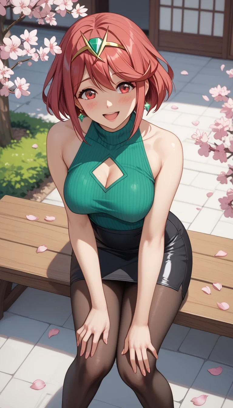 score_9, score_8_up, score_7_up, source_anime、top quality、8k、 masterpiece、ultra high definition、 natural light、perfect anatomy、 perfect eyes、beautiful eyes、one woman、Medium Breasts、saggy breasts:1.2、Pyra , (sleeveless rib knit sweater、Tight Pencil Skirt、pantyhose)、((is embarrassing:1.6、happy))、Cherry Blossom Petals、squats with legs spread、((Chest cutout))、(((shot from above、)))