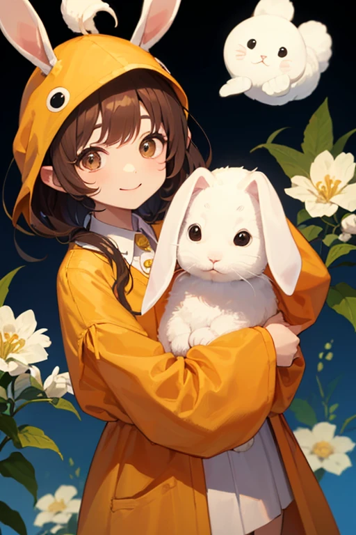 deformed neutral little ))、((((I'm wearing a costume with droopy ears))))、((brown hair))、 orange accessories 、is smiling、((Little about ))、innocent smile、((((I'm holding a white rabbit))))、 orange clothes、((I like rabbits)), (((I'm hugging a rabbit))),