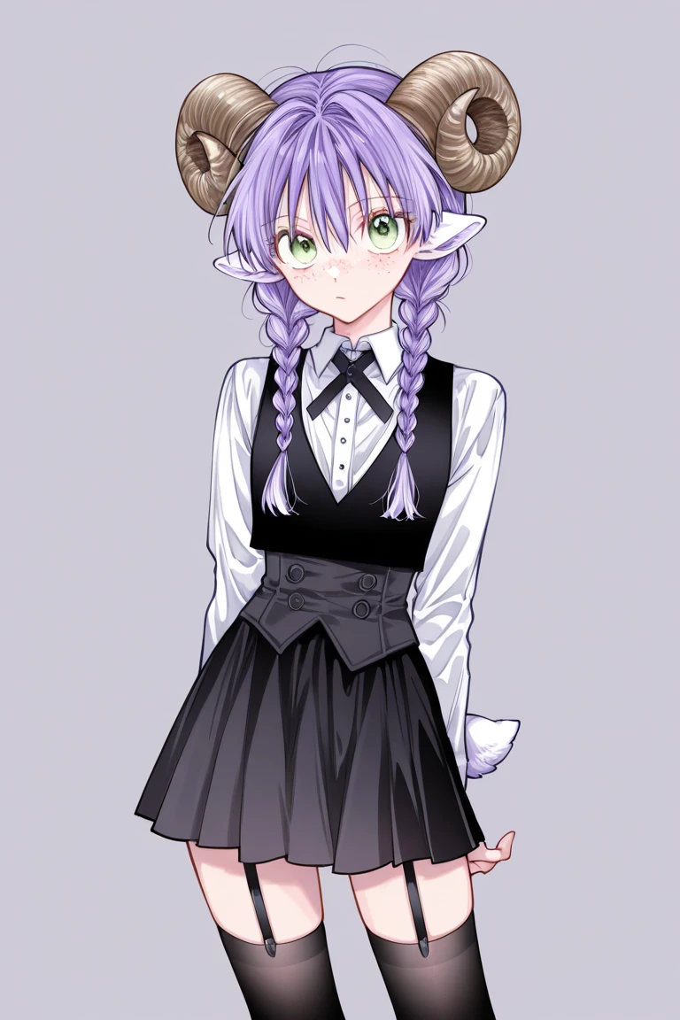 tanemura arina, best quality, high quality, masterpiece, alone guy, male, short tail, светлая кожа, purple sheep ears, sheep horns, flat chest, slim body, white short tail, ideal body, green eyes, purple hair , хитрое лицо, ухмылка, закрытый рот, плоская грудь, закрытый рот, hair in braids, freckles, black vest, white shirt, black skirt, stockings,