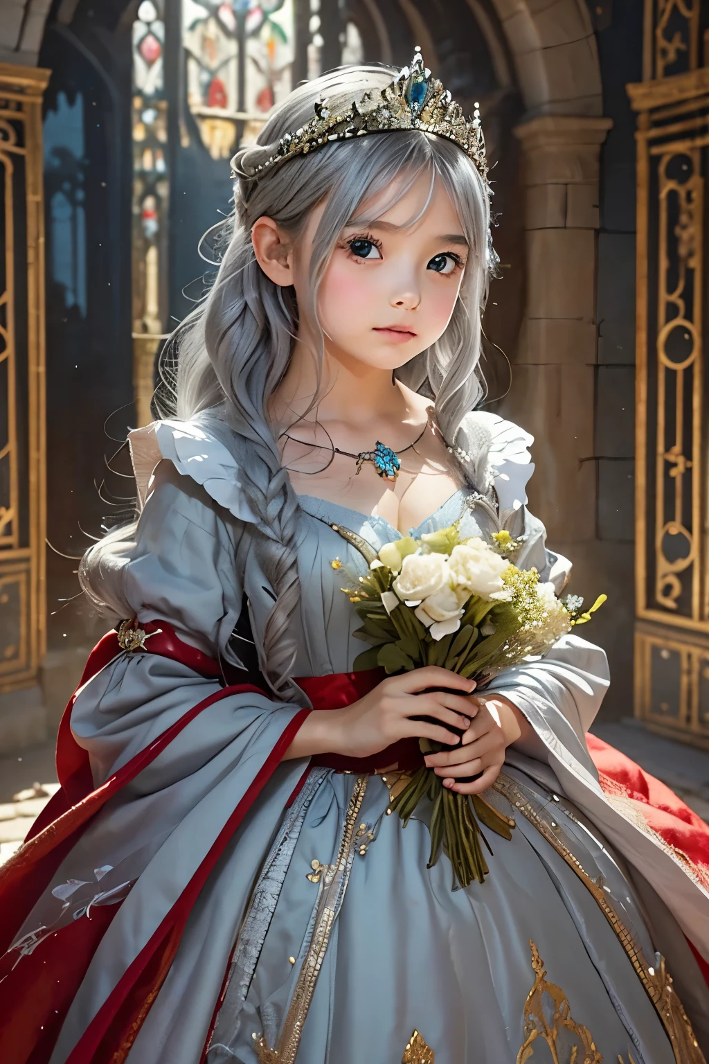 A seven year old, with silvery white hair, dark purple eyes, dressed in luxurious, pastel-colored medieval costumes. She has a serene countenance, but a sharp look.