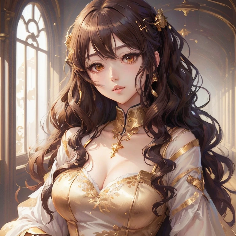 Eyes closed、Close up on face、(Focus on the chest and face)、Flushed Cheeks、Attractive lips、Glowing Skin、Fair skin、Cleavage、High Ponytail、Wavy Hair、Brown Hair、Oblique Bandageum Long Hair