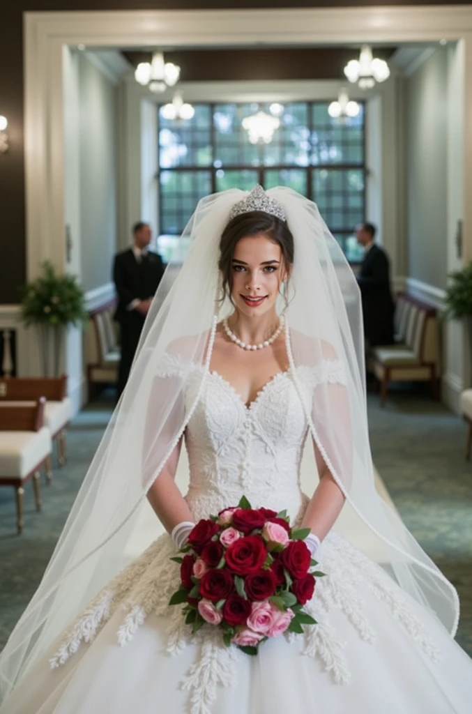 Create an image of a stunning bride, with a radiant and confident expression. She should be wearing a beautiful and intricate wedding gown, with a fitted bodice and a flowing skirt. The gown should be adorned with delicate lace and beadwork, with a long, flowing train. The bride should be wearing a veil, with a lace or beaded trim, and she should be carrying a bouquet of fresh flowers, such as roses, peonies, or lilies. The overall mood should be elegant, romantic, and joyful. The background should be a traditional wedding setting, such as a church or a ballroom, with soft, warm lighting and a warm and inviting atmosphere.