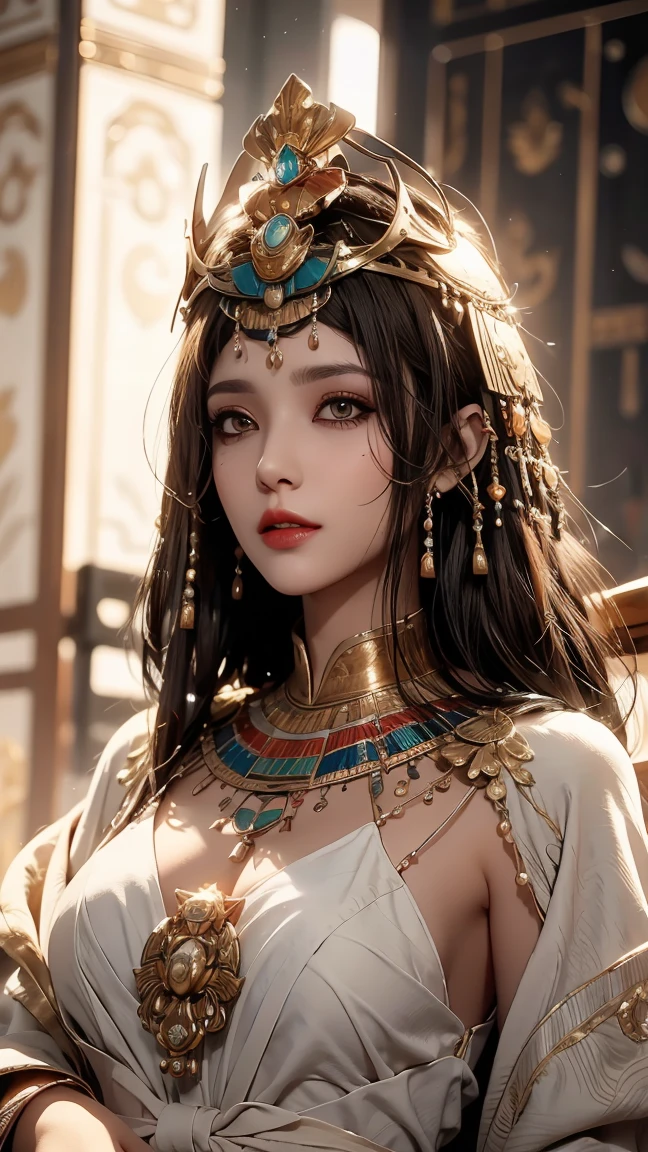 Best quality masterpiece photograph of sexy Egyptian pharaoh wearing ancient Egyptian traditional dress, huge breasts, ornate Egyptian headdress, earrings, black hair, fringe cut bangs, jewelry necklace, detailed skin texture, detailed cloth texture, detailed face, super detail, 8k, intricate detail, ancient Egyptian background, chiaroscuro, strong light and shadow, cinematic lighting, nighttime, depth of field f/2.8
