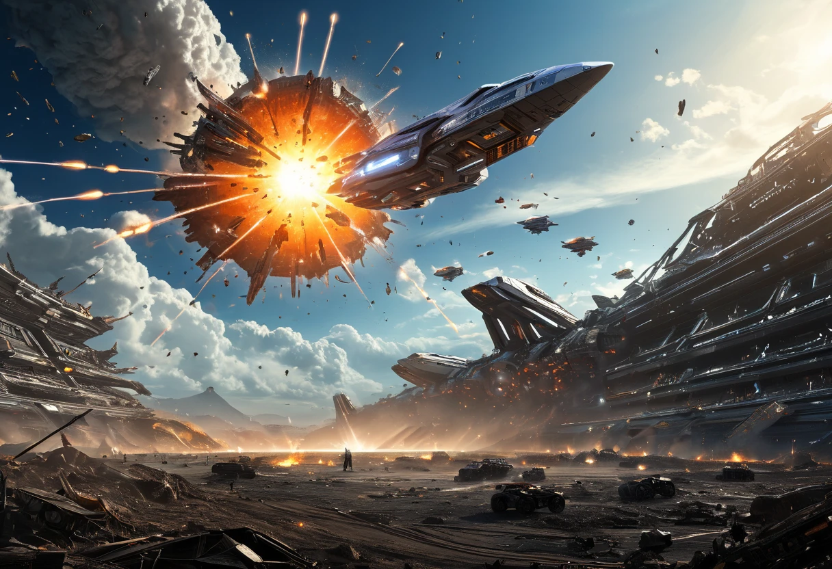 (Spaceship crash:1.2), (exploding debris:1.1), a massive futuristic spaceship engulfed in explosive flames and debris. The wreckage is torn apart, with glowing energy cores exposed, sending electric sparks through the air. Thick smoke and fire trails fill the sky as metal fragments scatter across the destruction site. The impact crater glows with molten metal, while shattered spaceship pieces float weightlessly in the aftermath. Cinematic lighting, dramatic sci-fi atmosphere, ultra-realistic explosion effects, high-resolution image, ultra sharp focus.