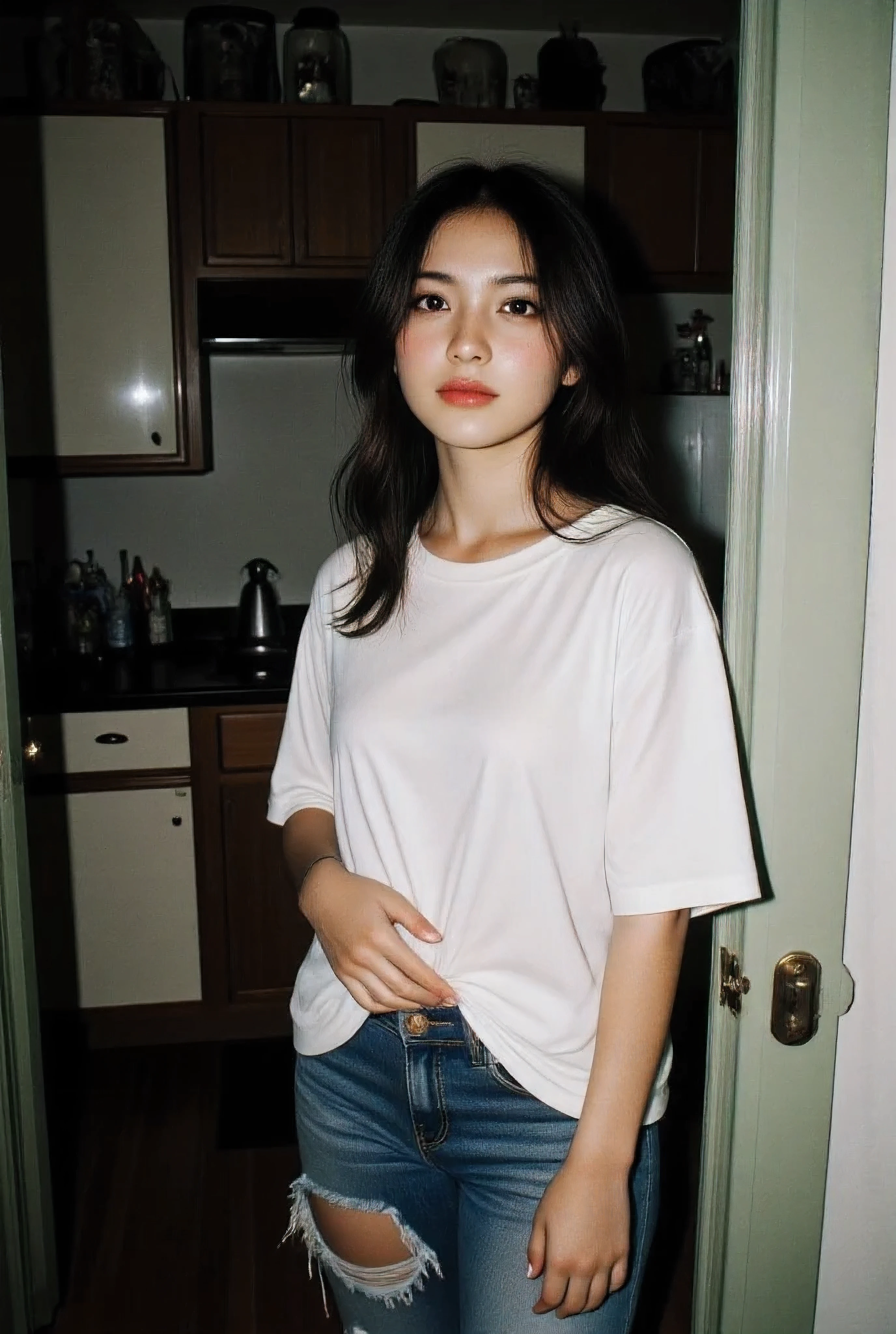 {(no bra, braless)} Taken from a Leica m9 50mm 1.2, lowlight photography, At the house, seductive small smile, My Sweet adorable innocent and sexy mommy is standing in the doorway from the cluttered but homey and cozy countryside kitchen looking at me in pleasant surprise as she comes in, sexy and voluptuous 30-year-old goth milf in loose white oversized comfy t-shirt tucked into her ripped jeans, 1girl Cozy bedroom , 4kPhoto_PDXL Photorealistic, 30 years old , Filipina-korean goth girl brown skinned pacific islander Spanish mix girl, high resolution, life-like details, Freckles, moles, simple and elegant demeanor, lovely and ethereal face, Photorealistic and life-like skin texture, , My Sweet adorable innocent and sexy mommy is standing in the doorway looking at me in surprise as she comes in, sexy and voluptuous 30-year-old goth milf in loose oversized t-shirt , 1girl, realistic,life-like skin texture,symmetrical,aesthetically pleasing,cinematic composition,detailed portrait,photorealistic,masterpiece,ultra-detailed,sharp focus,physically-based rendering,extreme detail description,professional,vivid colors,high resolution,4K,studio lighting,dramatic lighting,dramatic shadows,dramatic atmosphere,dramatic background,dramatic pose,cinematic framing,cinematic lighting,cinematic camera angle,cinematic depth of field,moody,dark,chiaroscuro,dramatic color palette,dark and moody,dramatic colors,