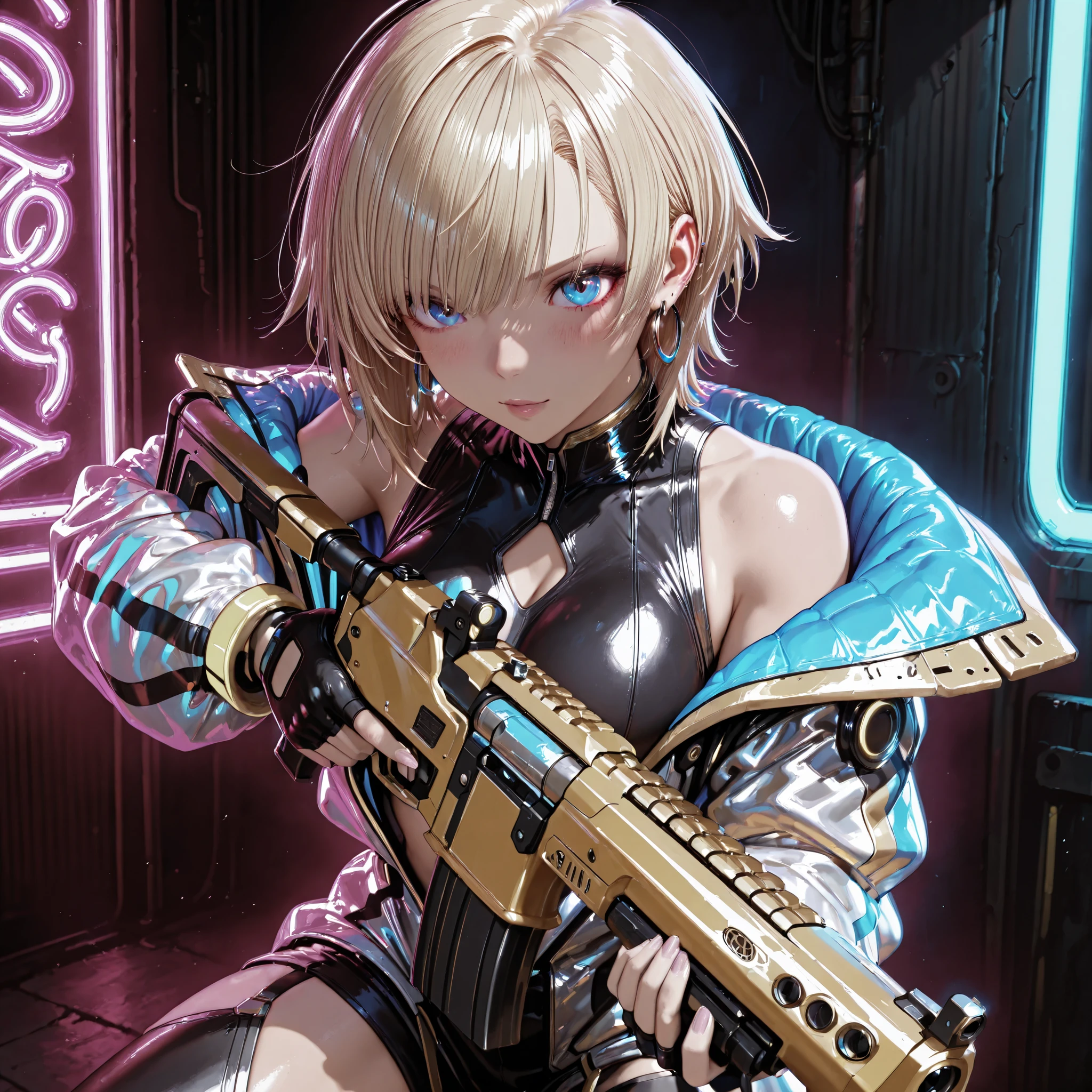 "A cyberpunk-inspired female character stands in a combat stance, holding a submachine gun, in a futuristic but ruined city. She has a blonde mash cut (((her hair is cut in a blond mash))) and black hoop earrings in both ears. The full-body black blouson reflects the cyber aesthetic. Her hair sways slightly with her subtle movements, and her body shows a realistic breathing effect with smooth chest movement and slight shoulder movement. The reflections of the shiny jacket and neon lights change dynamically with her movements, yet she maintains a cool and calm expression. The animation should have an anime-like aesthetic, with smooth and natural movements."