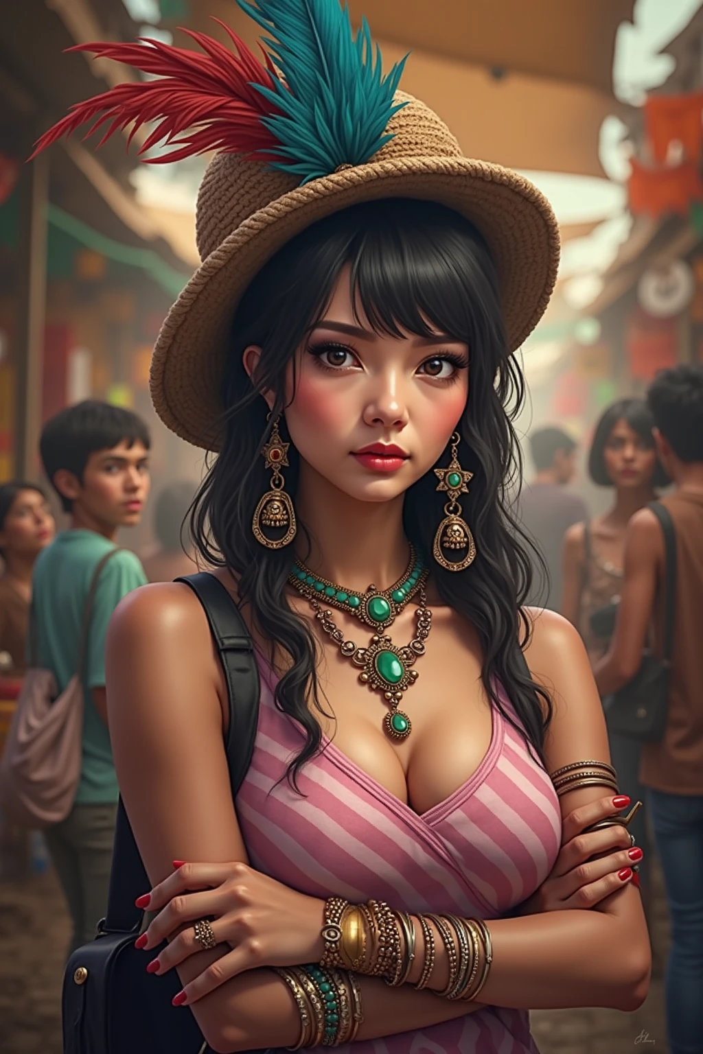 a cute woman, tourist low rider short shorts, tourist tiny tank top, sandals, tramp stamp tattoo, open air market, hijab wearing women, Malaysia, 1 girl, photo, realistic, masterpiece, ultra-detailed, hyper realistic, vivid colors, cinematic lighting, award winning photography, high quality, intricate details, stunning, beautiful, elegant, dynamic pose, natural setting