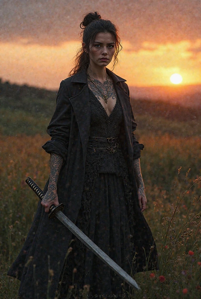 An angry, bitter woman, wearing a white blood spattered skirt and a black blouse, brandishing a large bloody saber, background is open field, dark puffy storm clouds, mood is tragic, violent, agonizing, horrifying, character design.