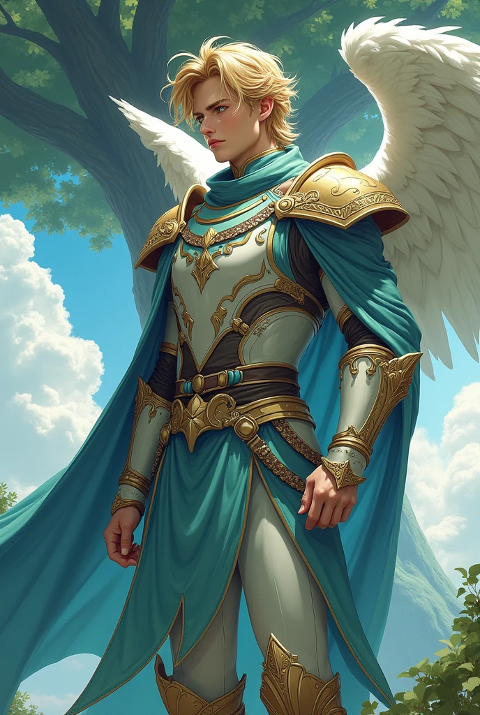 Cute male fairy with blue and gold details, large wings, full body, forest in the background, soft, delicate, symmetrical colors, male face, masterpiece, full body