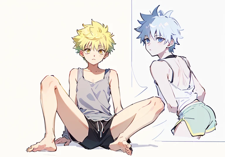 Nsfw, nsfw version, Masterpiece, High quality, absurd resolution, panorama, Digital painting, 3 boys, adolable，vivaciousness lively and lovely, cute boys, cuter, 10 years old, shota, more shota, slightly muscular, no pants, no shirt, no coat, Character focus.(detailedbackground:0.7), male focus, human male, (Short hair, Blonde Hair blue eyes, Silver hair Golden eyes:1.2), (interiors、‎Classroom：1.1）showing boxer briefs, waistband text, SHOTA, athletic boxer briefs, suggestive position, nipples visible, tiny bulge in boxer briefs, cute bulge, cute boxer briefs, cute design on boxer briefs, pink hearts, yellow stars, long boxer briefs, see through boxer briefs, more see through, translucent boxer briefs, more translucent, colorful boxer briefs, very colorful boxer briefs, multi-colored boxer briefs, bright colored boxer briefs, tight boxer briefs, skin tight boxer briefs, nervous expression, worried experession, embarassed, sweating, sweating more, blushing, blushing more,
