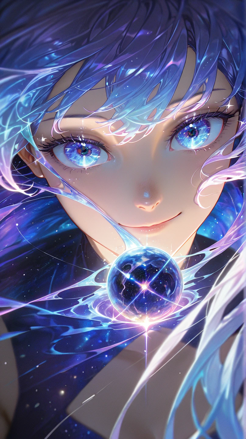 High resolution, masterpiece, Highest quality, Textured skin, Syndra(League of Legends)、Whole body shot、Floating in the air、Splash art style、Demon King、White as the base color、The magic of thunder、Control the 3 magical spheres that fly around Syndra、Spheres in the shape of ice crystals、Heterochromia of the iris、Odd Eye、Ecstatic expression、Purple Hair、Inner hair color light blue、Gradient color hairstyle、thunder blade skin、Silver World、Fantasy、Ice crystals、thunder dress、Full body thunder armor、Wear warm clothes、Small breasts、thunder、electrification、Superconductivity、Ice thunder