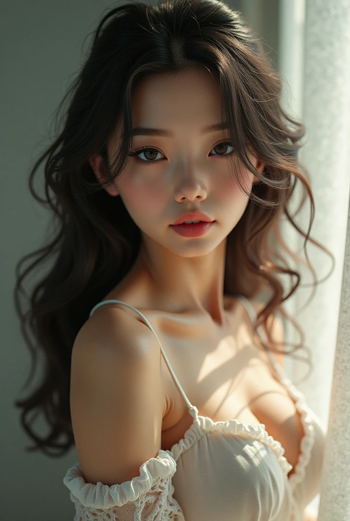 (1beautiful young girl), 18yo, kawaii, beautiful girl with beautiful details, extremely detailed eye and face, (See-through lace costume with cute details and wide open breasts:1.6), Bare shoulders, (Bare chest), Realistic, extremely detailed CG unified 8k wallpaper, ighly detailed, High-definition raw color photos, professional photograpy, Realistic portrait, Cinematic Light, Beautiful detailed, Blushing, Ashamed, (Realistic skin:1.2), (Best Quality:1.4), Super Detail, High quality, Indoor, depth of fields,