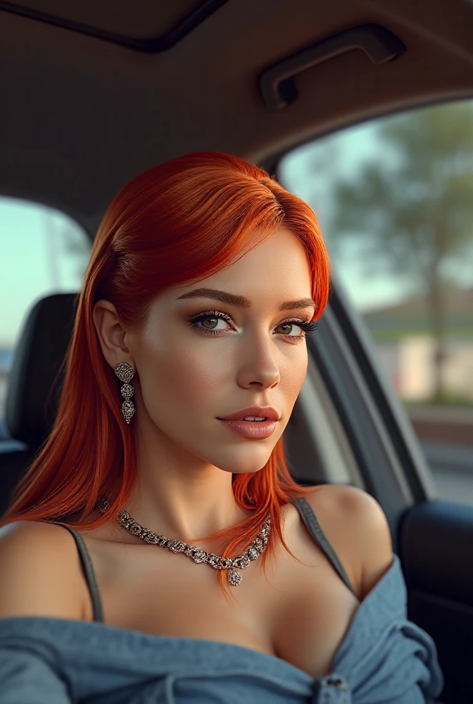 The face of a young woman, green eyes, red curls, nose piercing, ear rings, full lips, index finger in front of the lips, sexy Blick