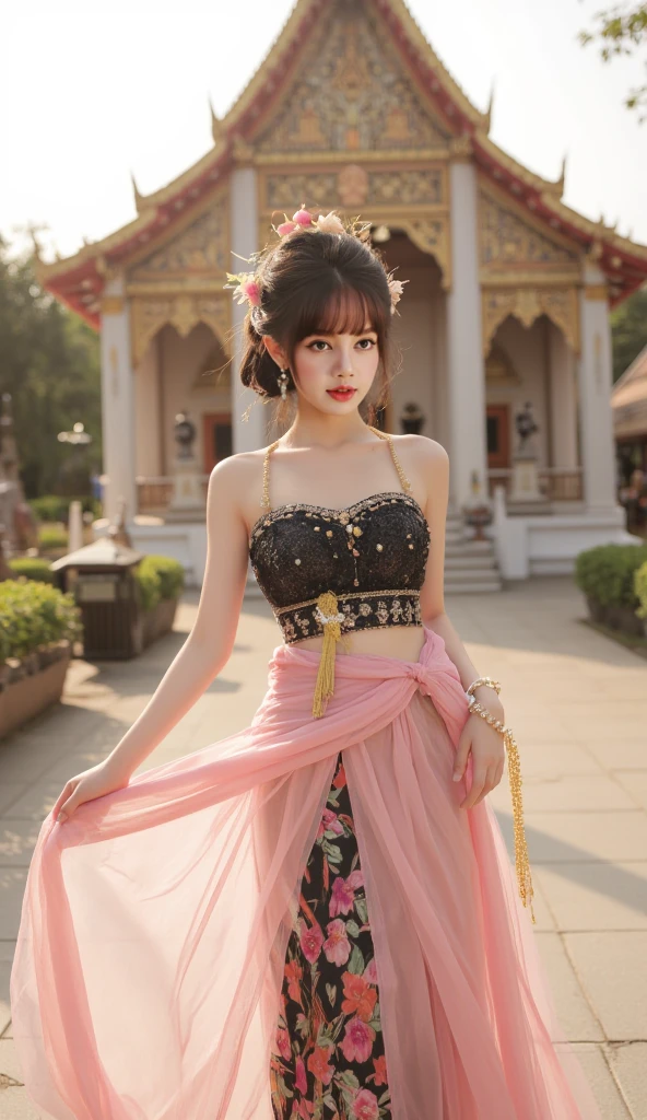 (masterpiece, best quality:1.2),1girl, black hair, breasts, brown eyes,Dai ethnic skirt, flower, leaf, lily \(flower\), strapless dress,Sitting on a chair,Chinese Dai ethnic clothing, lily pad, lotus, plant, potted plant, sandals, short hair, sitting, solo, white flower, wooden floor