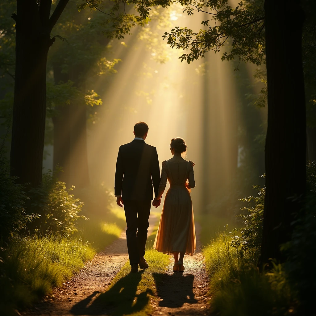 The princess and the prince are walking through the forest. The princess's dress is simple but very beautiful