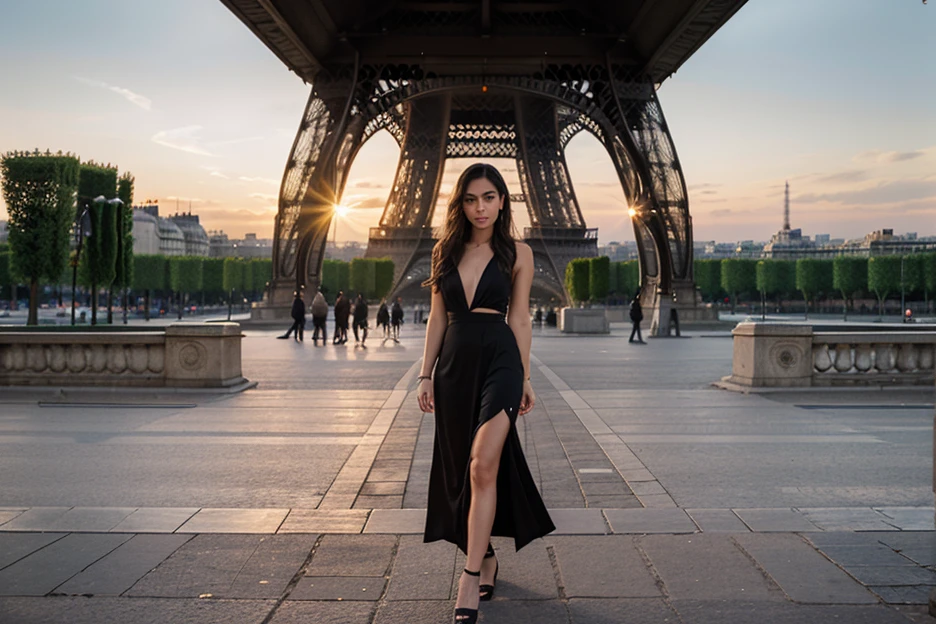 Crie uma imagem de (((Arenoso))), praticando yoga em uma postura sensual, Dressed in typical black clothes, in front of the Eiffel Tower at night, under specialized lighting. Emphasize the grace and serenity of the scene as you connect with the iconic atmosphere of Paris."