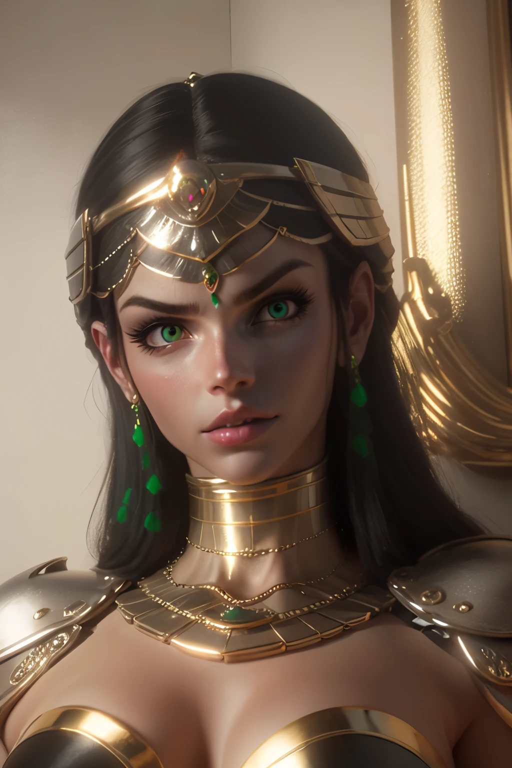 hyper realistic portrait shot of a beautiful egyptian queen, looking down proudly on the camera with her expressive green eyes, tanned skin tone , thin nose , black braided bob hair with golden accessories and jewelries , wearing a white see tough dress