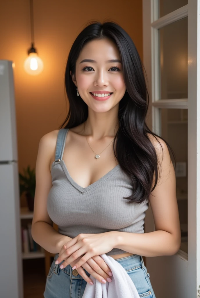 Highest quality、One woman、Black Hair、Wavy hairstyle、shoulder-length hair、Female, 34 years old、Married Woman、milf、Huge breasts:1.5、sagging breast:1.5、Grey tank top、Mini Denim Pants、Sweating、Sweat stains on tank tops、smile、While opening the front door、Holding the doorknob、Meet at the door、Apartment、A room in an apartment、Plump body、I'm in the entrance、View of the room from the entrance