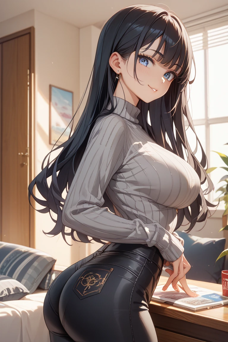 realistic image, coherent image, detailed image, 1 beautiful girl, She has black hair, long, silky hair, long eyelashes. Golden eyes, she has fox ears and fox tails. Her face is oval and delicate, smiling. She is wearing a long sleeve sweater, navel showing, pleated mini skirt. She has a curvy body, big breasts, thick thighs, volumetric lighting, natural lighting, sexy pose