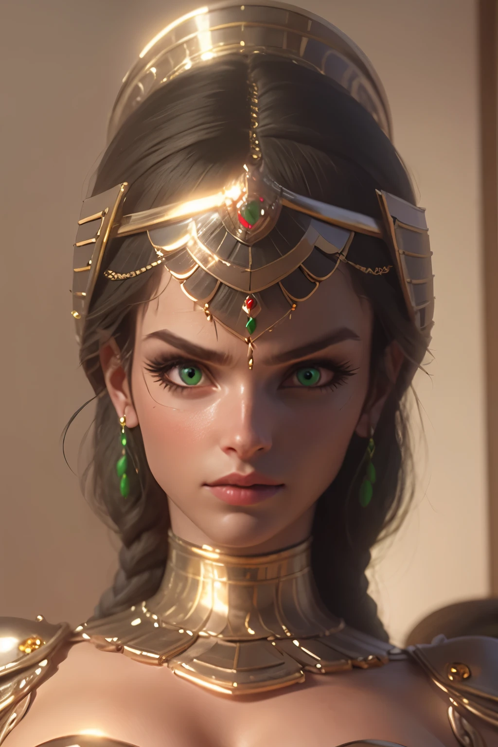 hyper realistic portrait shot of a beautiful egyptian queen, looking down proudly on the camera with her expressive green eyes, tanned skin tone , thin nose , black braided bob hair with golden accessories and jewelries , wearing a white see tough dress