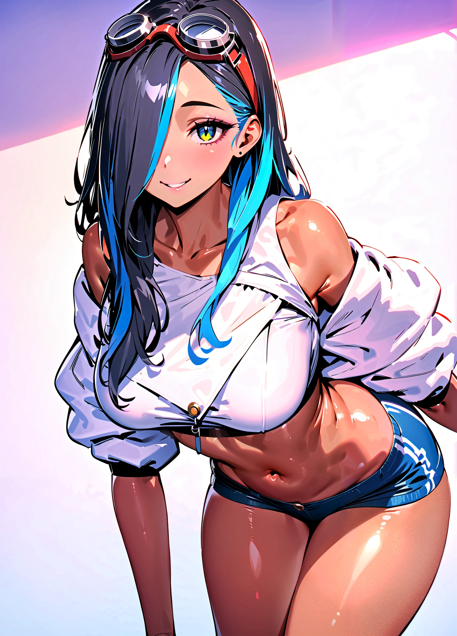 masterpiece, best quality, solo, curvy, beautiful eyes, zzShelly, blue eyes, long hair, blue hair, multicolored hair, dark skin, black hair, two-tone hair, hair over one eye, goggles on head, crop top, midriff, streaked hair, shoulder cutout, navel, ,cowboy shot, leaning forward, smile, looking at viewer, shiny skin,