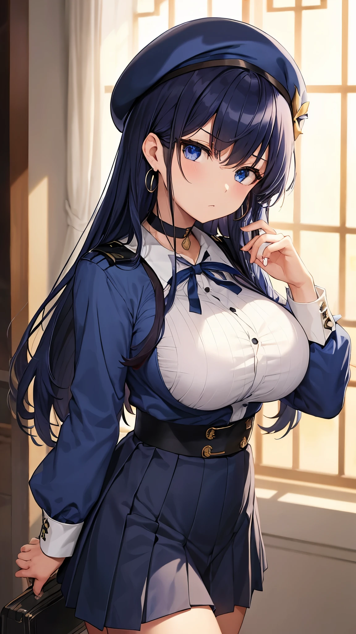 masterpiece, high quality, 8k, beautiful lighting, 1girl, solo, Kurokawa Akane (Oshi no Ko), LoRA, indigo hair, blue green eyes, blue necktie, long blue dress, waist length hair, mommy, Braid hair below left shoulder, 32 years old, upper body, portrait, bush, looking at viewer, buildings, in a luxurious living room, breast size I cup, smile