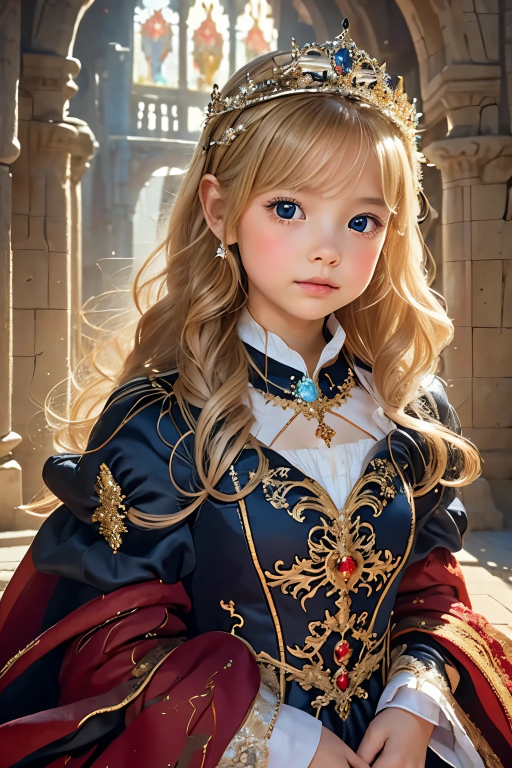 Little young girl,blond hair,cute,fantasy, gorgeous dress ,tiara,odd-eye,red carpet,Castle,bouquet,Princess,is young