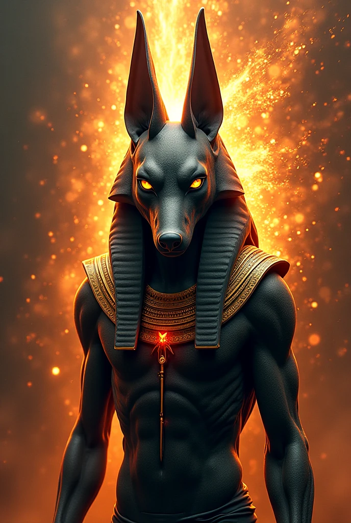Character Anubis on fire like a God, I need it to be displayed in front bust form as this image will be made to create an animated gamer style logo, I want an image that resembles something epic , as if it were a dragon