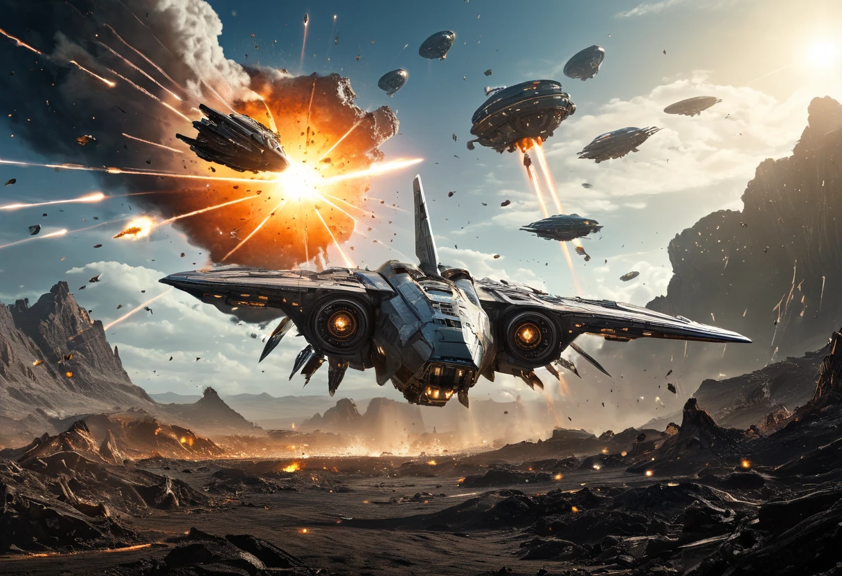 (Spaceship crash:1.2), (exploding debris:1.1), a massive futuristic spaceship engulfed in explosive flames and debris. The wreckage is torn apart, with glowing energy cores exposed, sending electric sparks through the air. Thick smoke and fire trails fill the sky as metal fragments scatter across the destruction site. The impact crater glows with molten metal, while shattered spaceship pieces float weightlessly in the aftermath. Cinematic lighting, dramatic sci-fi atmosphere, ultra-realistic explosion effects, high-resolution image, ultra sharp focus.