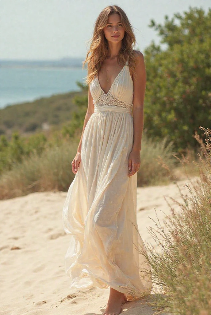 wide shot, 1 woman, age25, Solo, Long blonde hair, wearing a Georgia O’Keeffedress, A beautiful scene in new Mexico, Brown eyes, not exposed, Full body portrait, Realistic, confident expression, determined, dramatic, ultra-high res.photorealistic:.1.4, (high detailed skin:1.2), 8k uhd, dslr, high quality, film grain, Fujifilm XT3