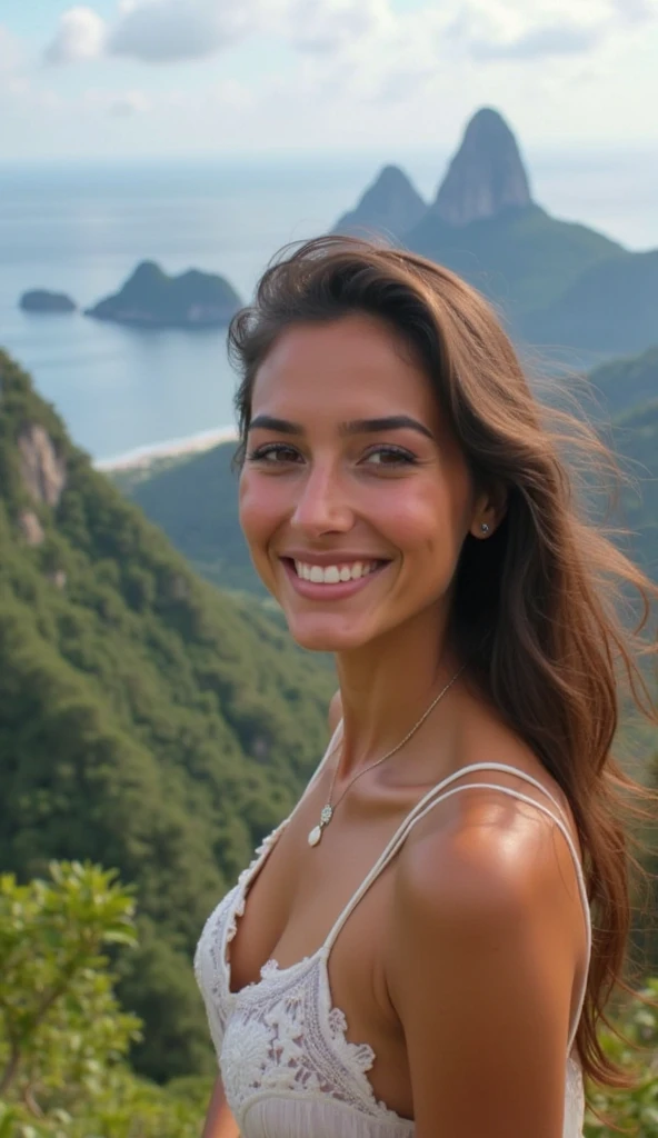 A photo of an average woman, 40 years, wrinkles on the face, with shoulder-length brown hair and grey eyes, selfie in her home, wearing a sun hat and pink top, taking selfie photos with the beach view behind on Instagram stories.
