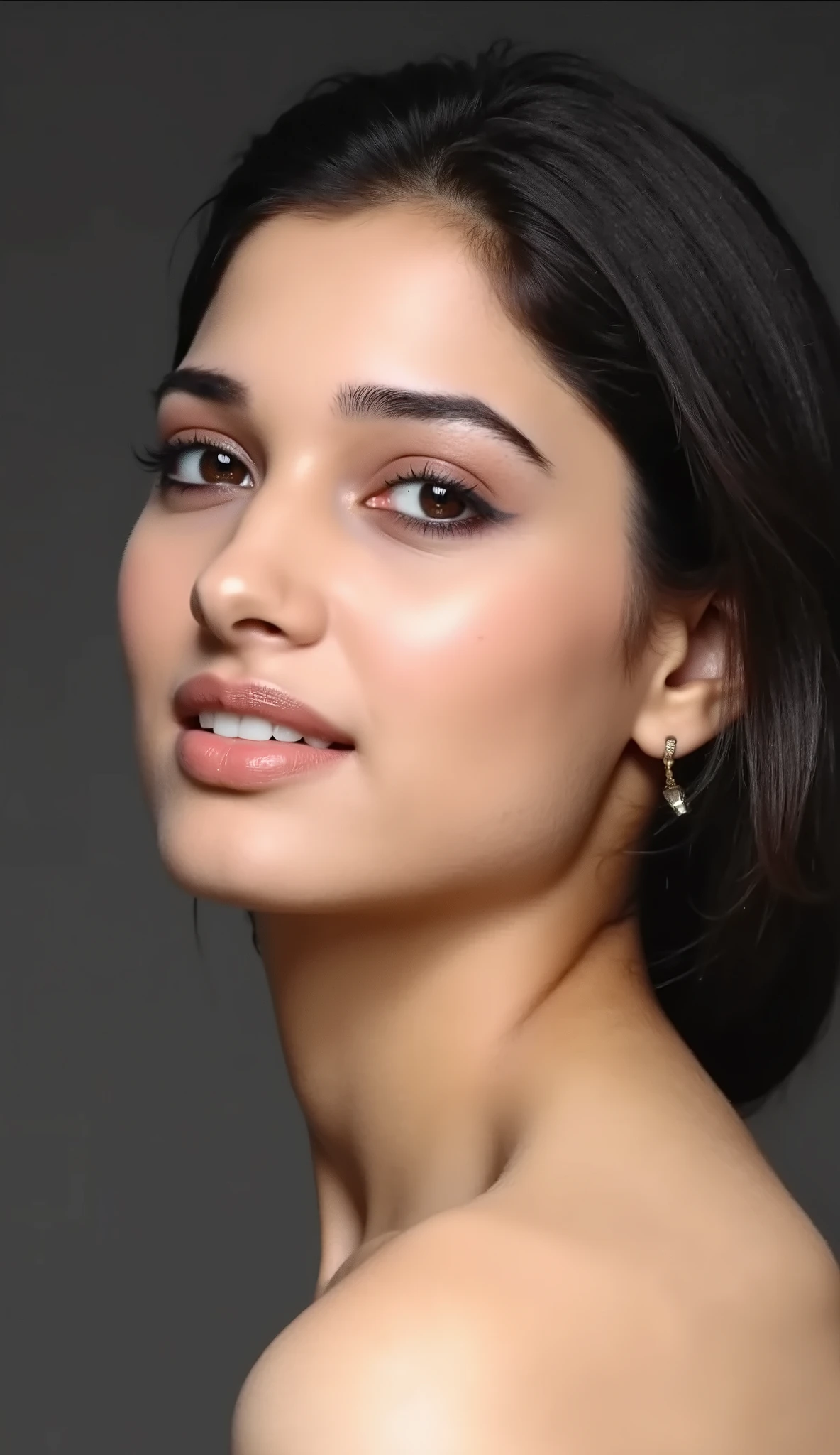 Create a close-up, high-fashion portrait of a woman with striking eyes and a calm, confident expression. Her hair is styled in a sleek manner, revealing her facial features with clarity. Her shoulder is naked. The background is a smooth gradient of dark gray, enhancing the overall refined and contemporary aesthetic. The lighting is soft yet directional, highlighting her flawless complexion and subtle makeup, with a focus on her eyes and cheekbones. The mood of the portrait is polished, modern, and artistic.