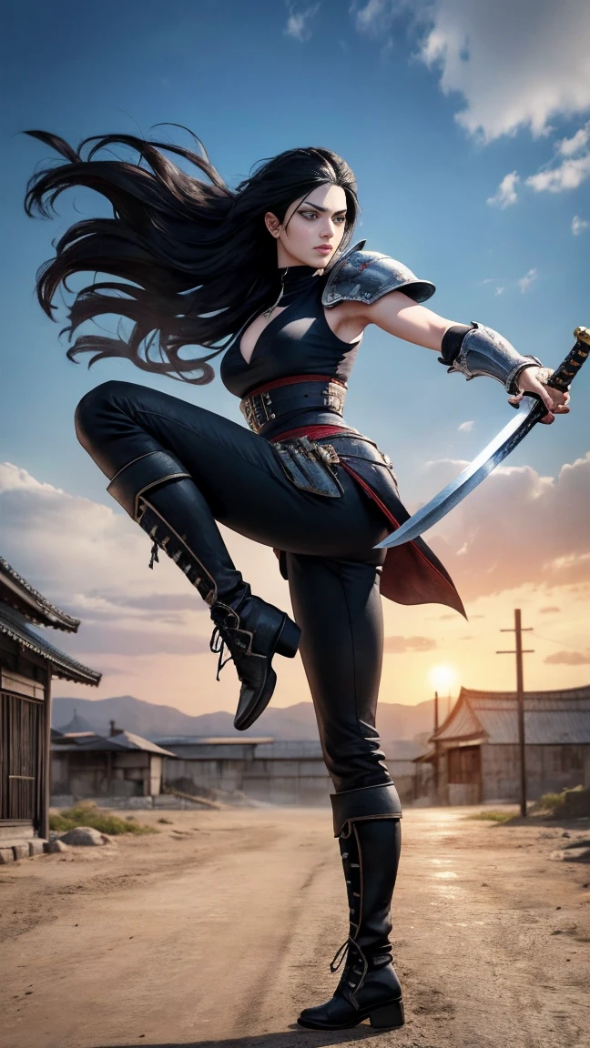 arafed 水硕in a bikini holding a wire bat on a rock, muscular warrior women, unreal engine render + a goddess, fighter pose, badass pose, muscular sweat lara croft, fight pose, hot fire giantess, heroic muay thai stance pose, cinematic goddess body shot, akali from league of legends, dramatic powerful pose, fantasy style 8 k octane render(((perhaps))) sky,Degenerator