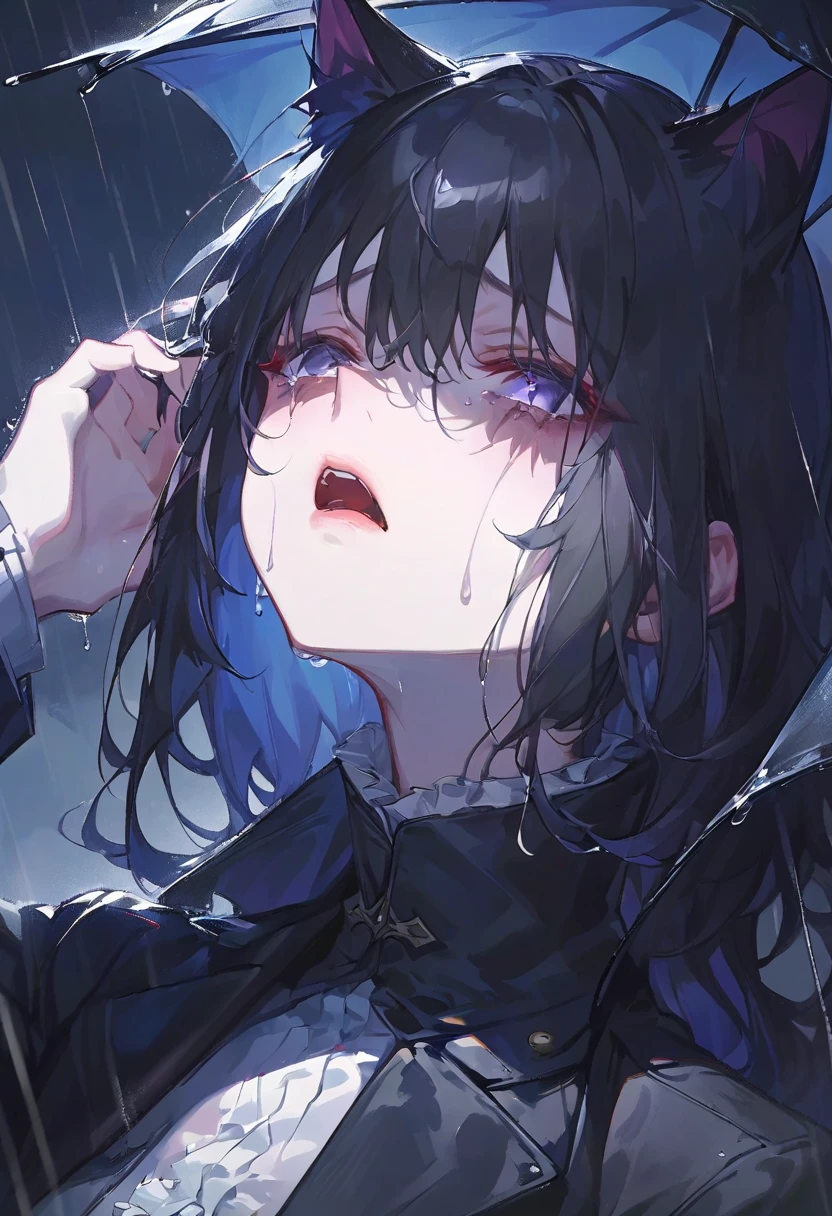 while shedding tears、Black cat woman shouting into the sky。wearing a tattered suit。While it's raining。 Dark 。 hard boiled 。