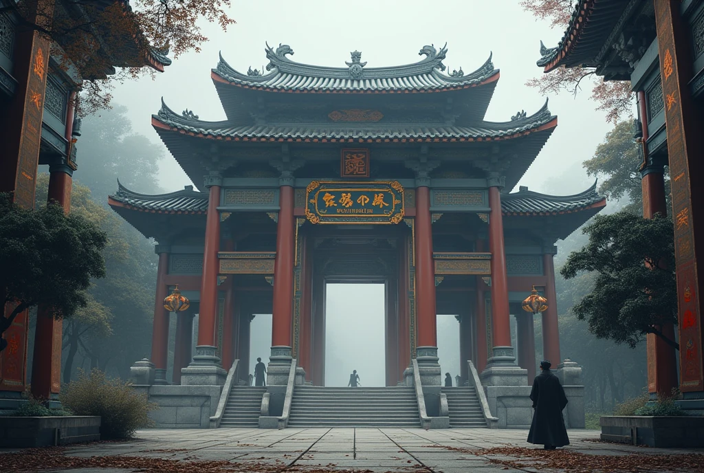 The top half of the picture is a high-rise building in the style of technology,The following are ancient Chinese buildings,There was a black-clad assassin in the building