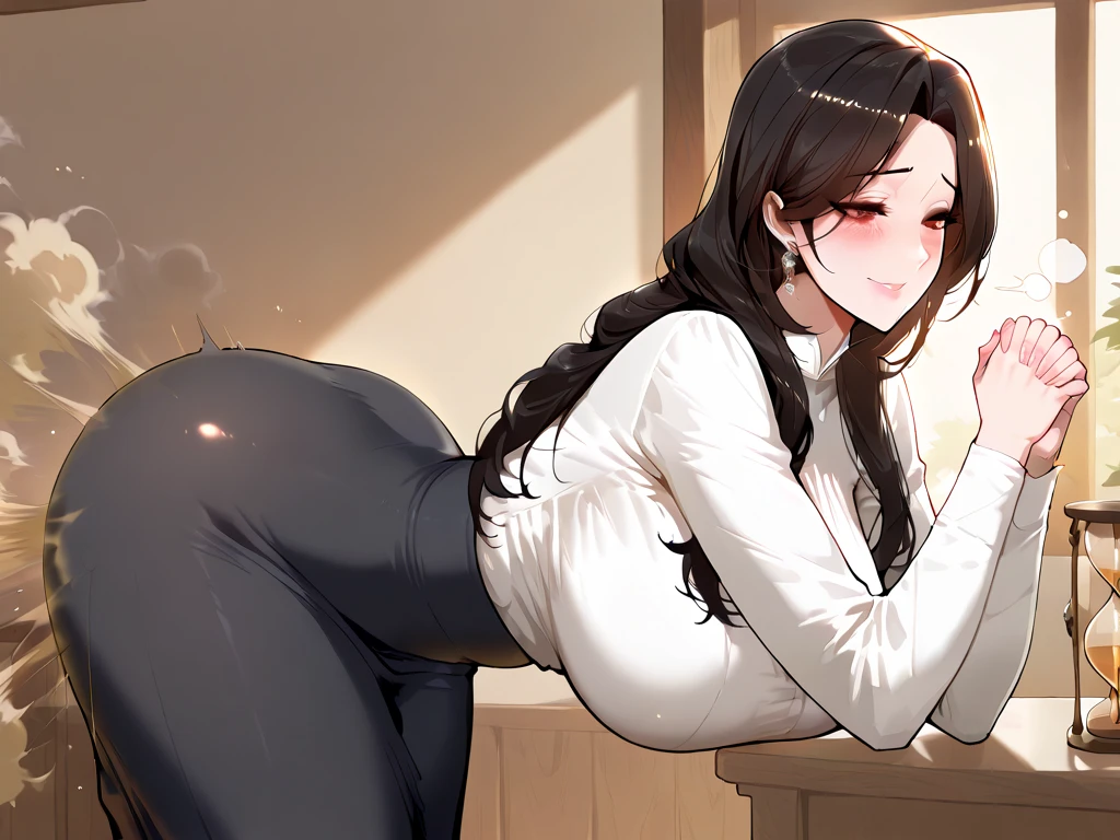 (hews art style:0.7), score_9, score_8_up, score_7_up, score_6_up, uncensored, Albedo, demon horns, black hair, long hair, yellow eyes, slit pupils, BREAK (masterpiece:1.2), best quality, high resolution, (beautiful detailed eyes:1.3), perfect lighting, (perfect hands, perfect anatomy), shiny skin, motion lines, 1girl, bestiality, dog, hetero, sex, pantyhose pull, breasts, pantyhose, clothes pull, blush, tiptoes, sex from behind, cleavage, standing, large breasts, black pantyhose, animal, standing sex, indoors, table, off shoulder, motion lines, red sweater, sweater, ?