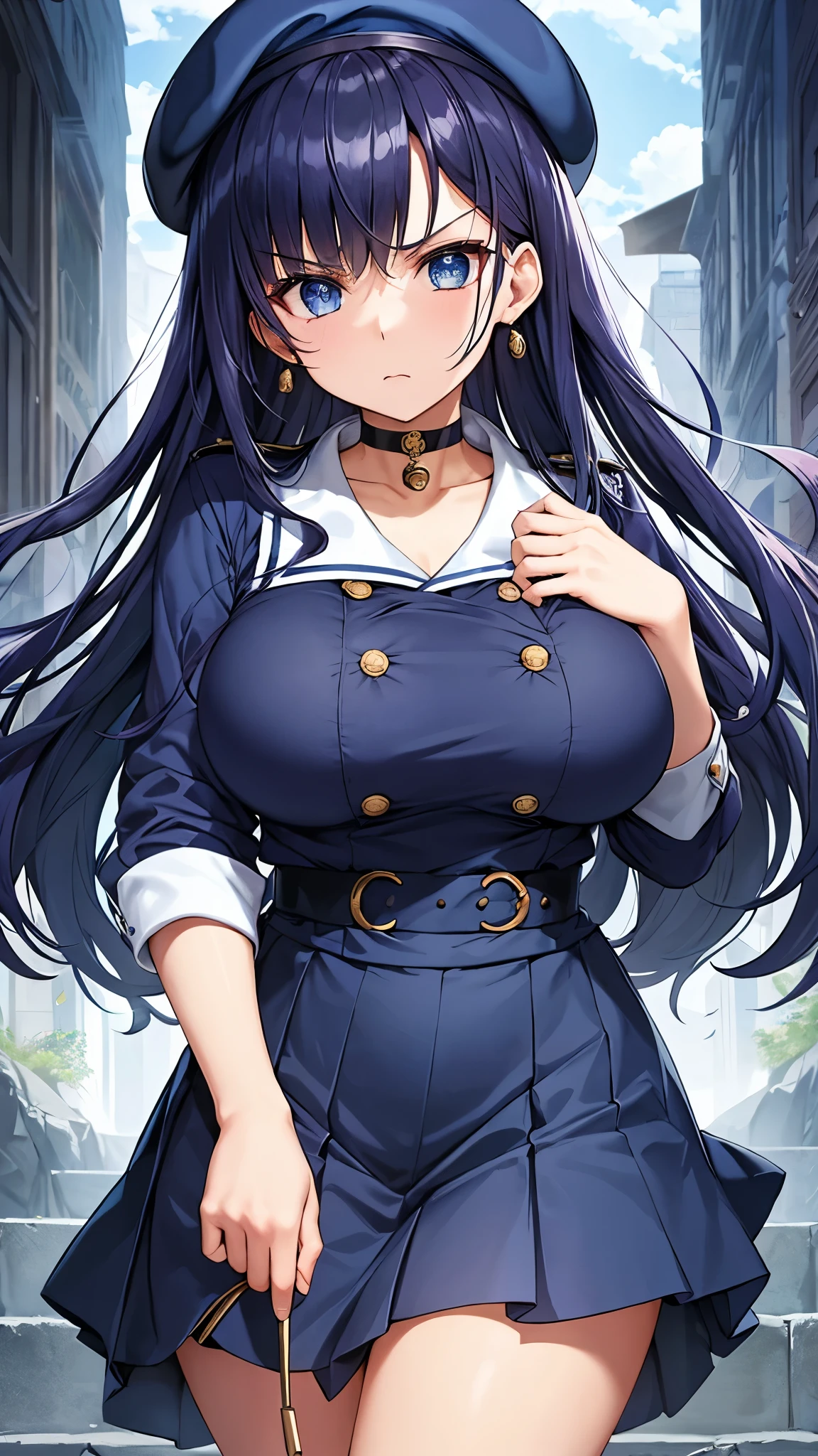 best quality, extremely detailed,anime style girl,long hair down to the waist, straight hair, ((dark black hair with bluish)),((crown braid)),beautiful detailed eyes, pinched eyes, (dark blue eyes),huge breasts,curvy,((((cutie colorful casual clothing)))),Fine decoration,clothing with complex patterns,smile,((café)),dynamic angle,sit and have a drink